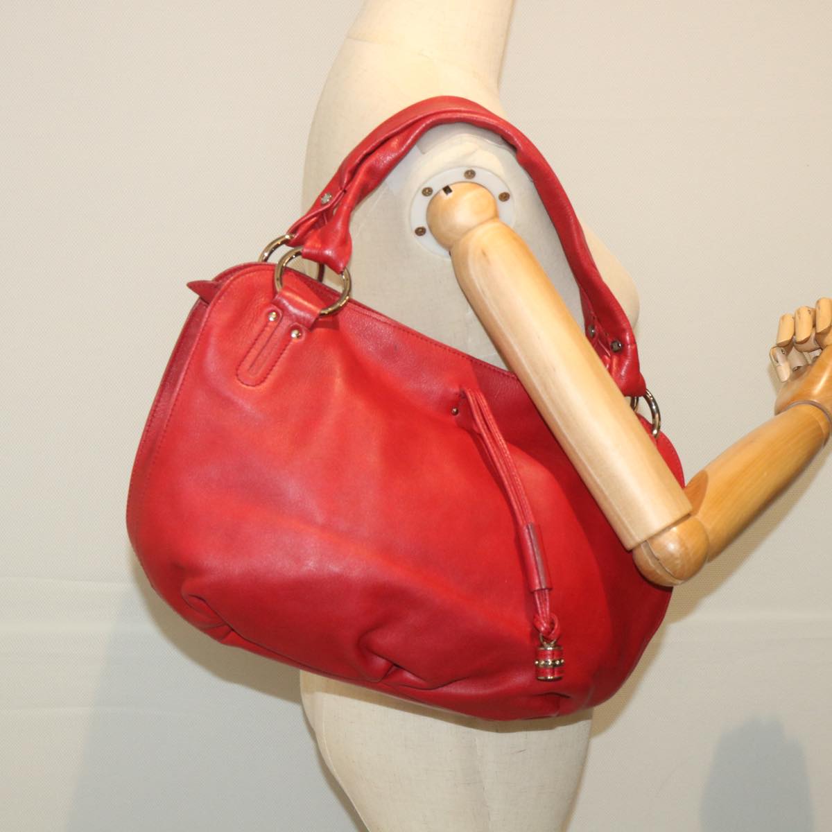 CELINE Shoulder Bag Leather Red Auth 58409