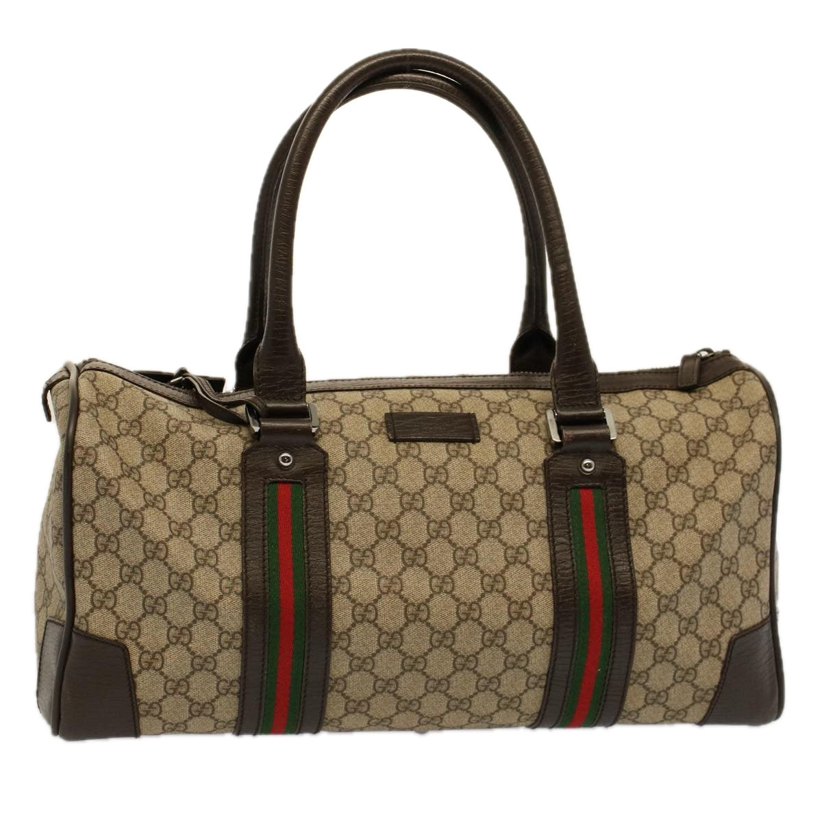 GUCCI GG Canvas Web Sherry Line Boston Bag PVC Leather Beige 145957 Auth 58555