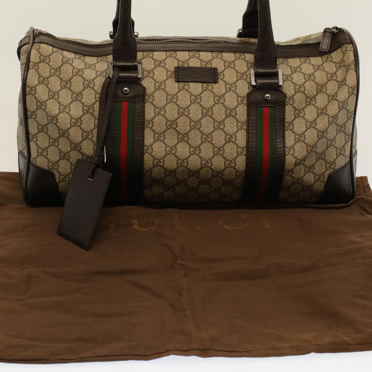 GUCCI GG Canvas Web Sherry Line Boston Bag PVC Leather Beige 145957 Auth 58555