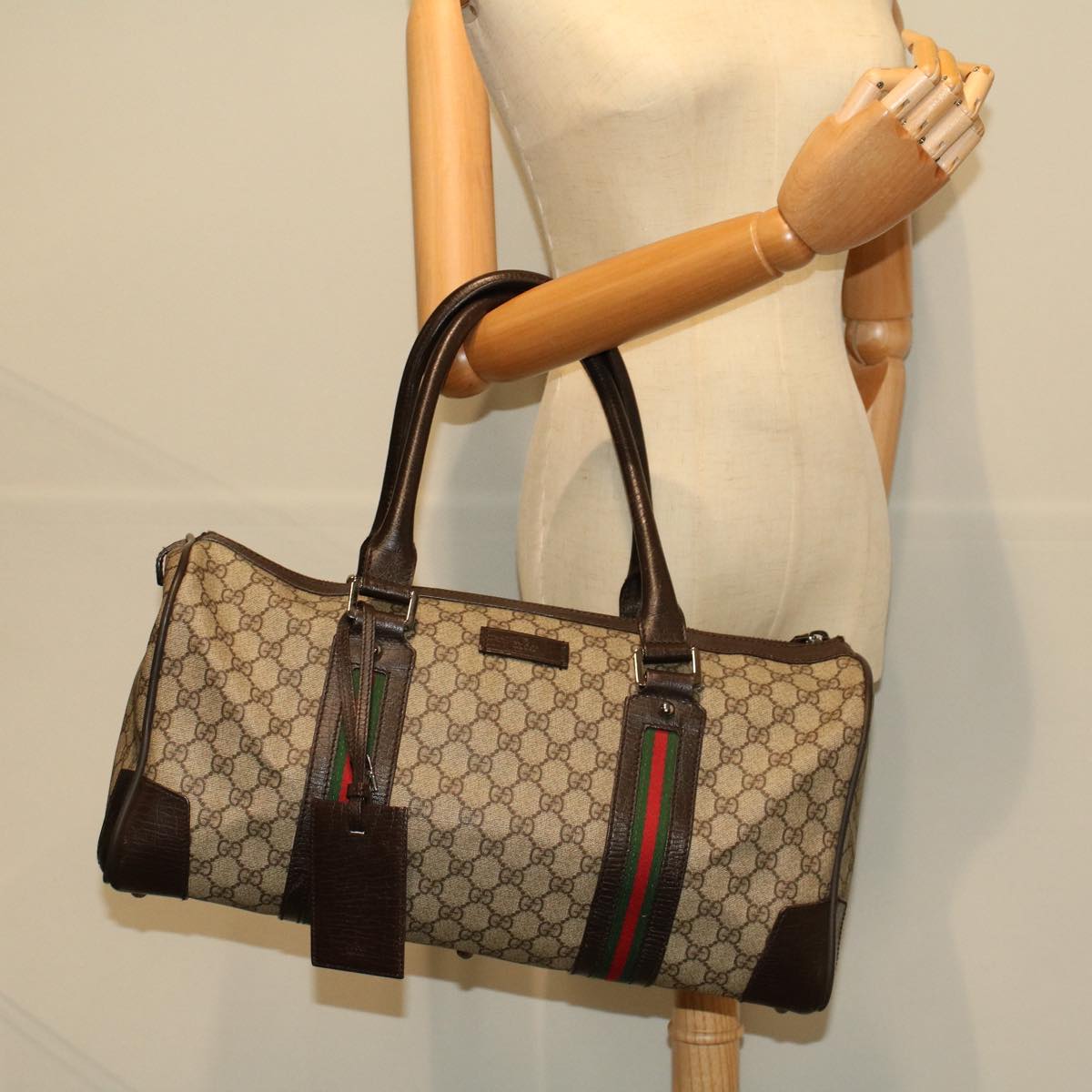 GUCCI GG Canvas Web Sherry Line Boston Bag PVC Leather Beige 145957 Auth 58555