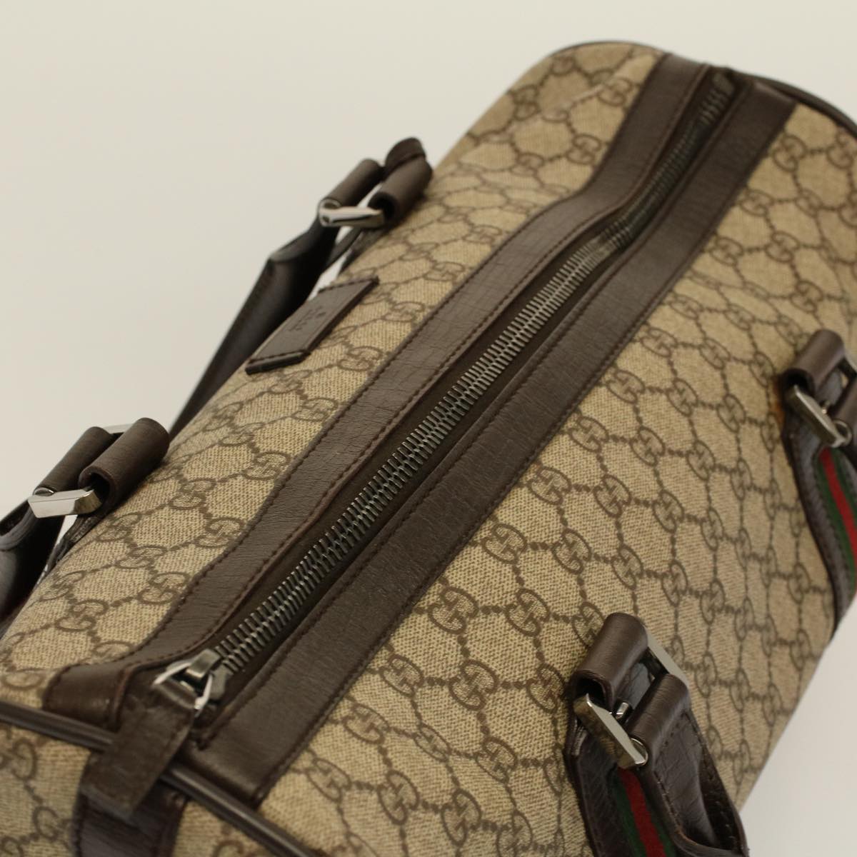 GUCCI GG Canvas Web Sherry Line Boston Bag PVC Leather Beige 145957 Auth 58555