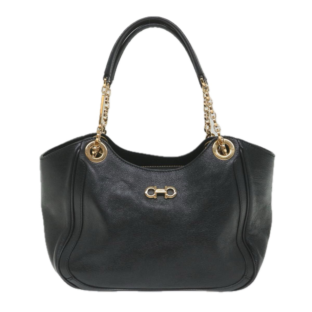 Salvatore Ferragamo Gancini Chain Tote Bag Leather Black Auth 58636