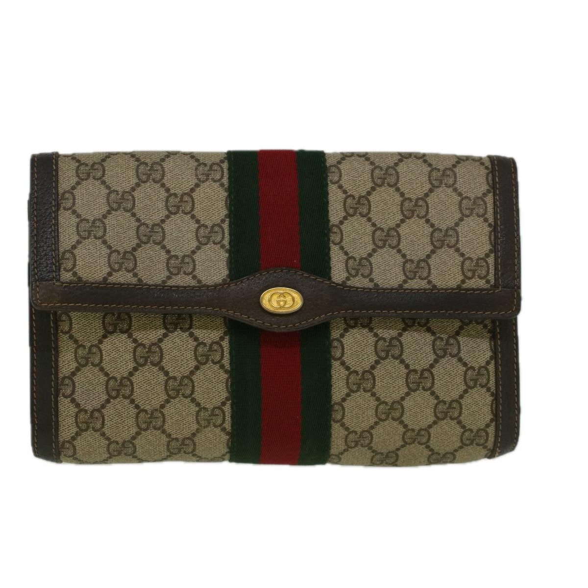 GUCCI GG Canvas Web Sherry Line Clutch Bag PVC Leather Beige Green Auth 58678