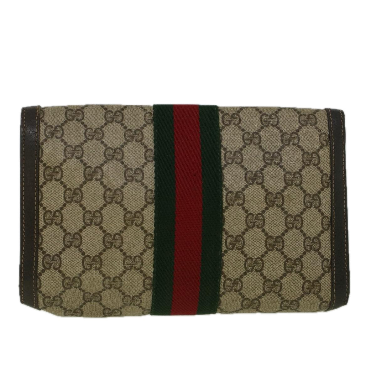 GUCCI GG Canvas Web Sherry Line Clutch Bag PVC Leather Beige Green Auth 58678