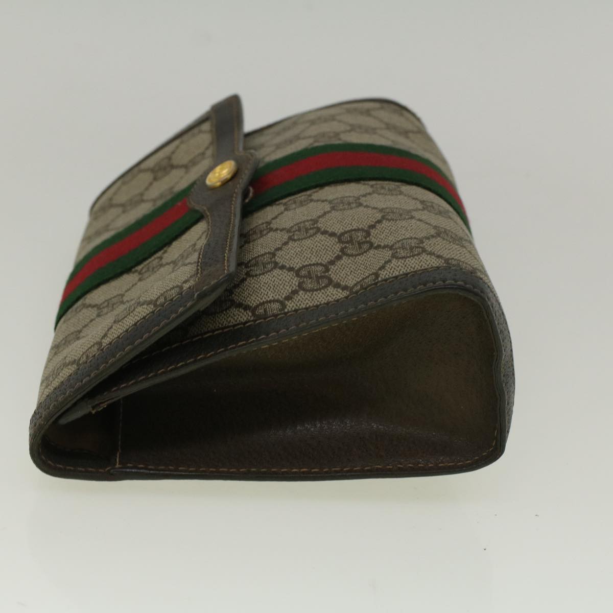 GUCCI GG Canvas Web Sherry Line Clutch Bag PVC Leather Beige Green Auth 58678