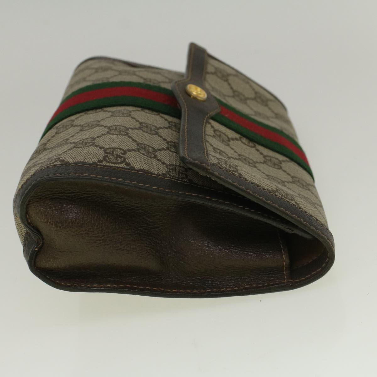 GUCCI GG Canvas Web Sherry Line Clutch Bag PVC Leather Beige Green Auth 58678