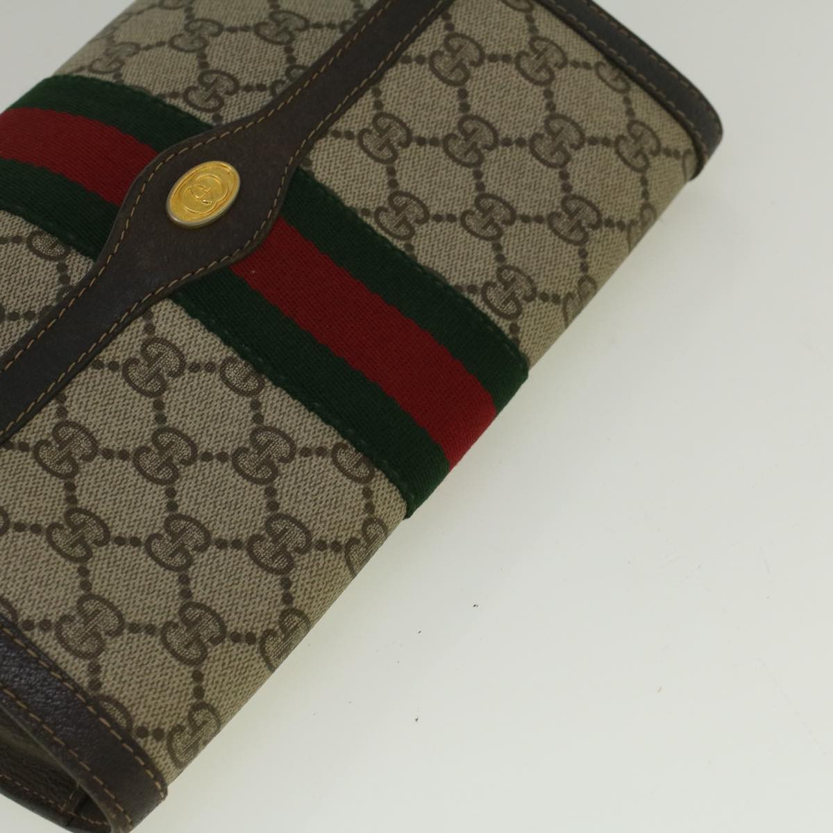 GUCCI GG Canvas Web Sherry Line Clutch Bag PVC Leather Beige Green Auth 58678