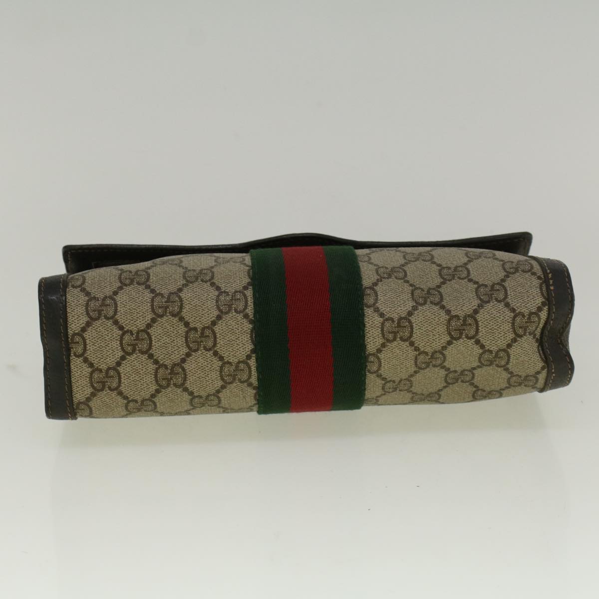 GUCCI GG Canvas Web Sherry Line Clutch Bag PVC Leather Beige Green Auth 58678