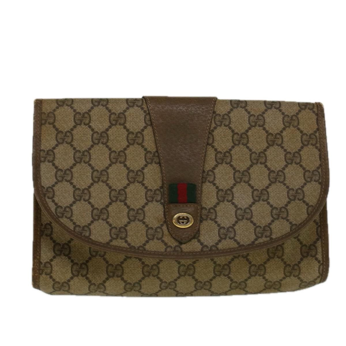 GUCCI GG Canvas Web Sherry Line Clutch Bag PVC Leather Beige Green Auth 58679