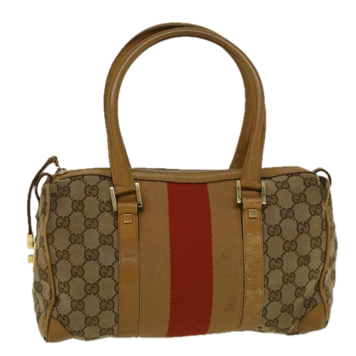 GUCCI GG Canvas Sherry Line Hand Bag Beige Brown Red 000 0851 002122 Auth 58695