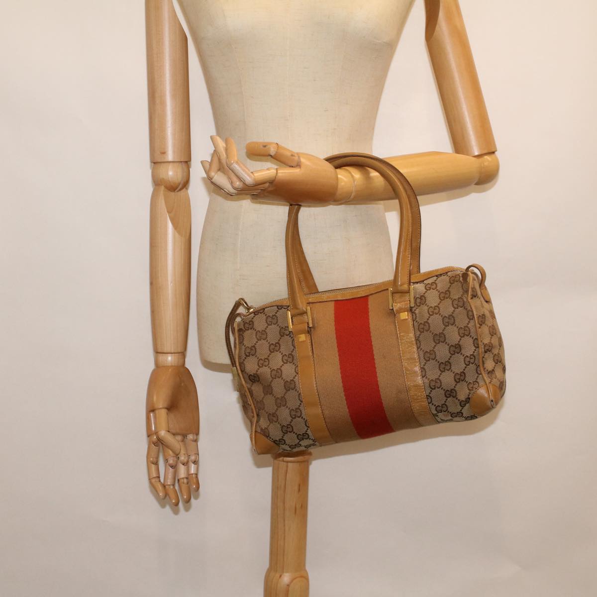 GUCCI GG Canvas Sherry Line Hand Bag Beige Brown Red 000 0851 002122 Auth 58695