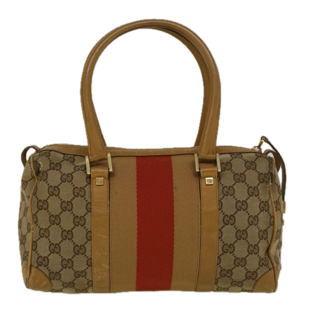 GUCCI GG Canvas Sherry Line Hand Bag Beige Brown Red 000 0851 002122 Auth 58695