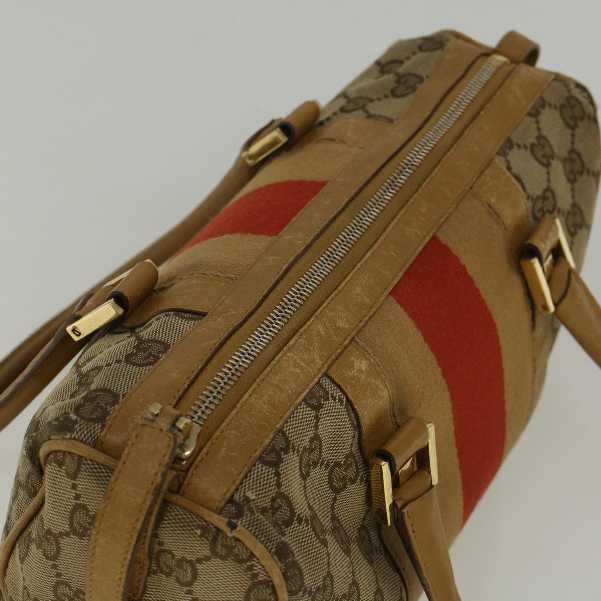 GUCCI GG Canvas Sherry Line Hand Bag Beige Brown Red 000 0851 002122 Auth 58695