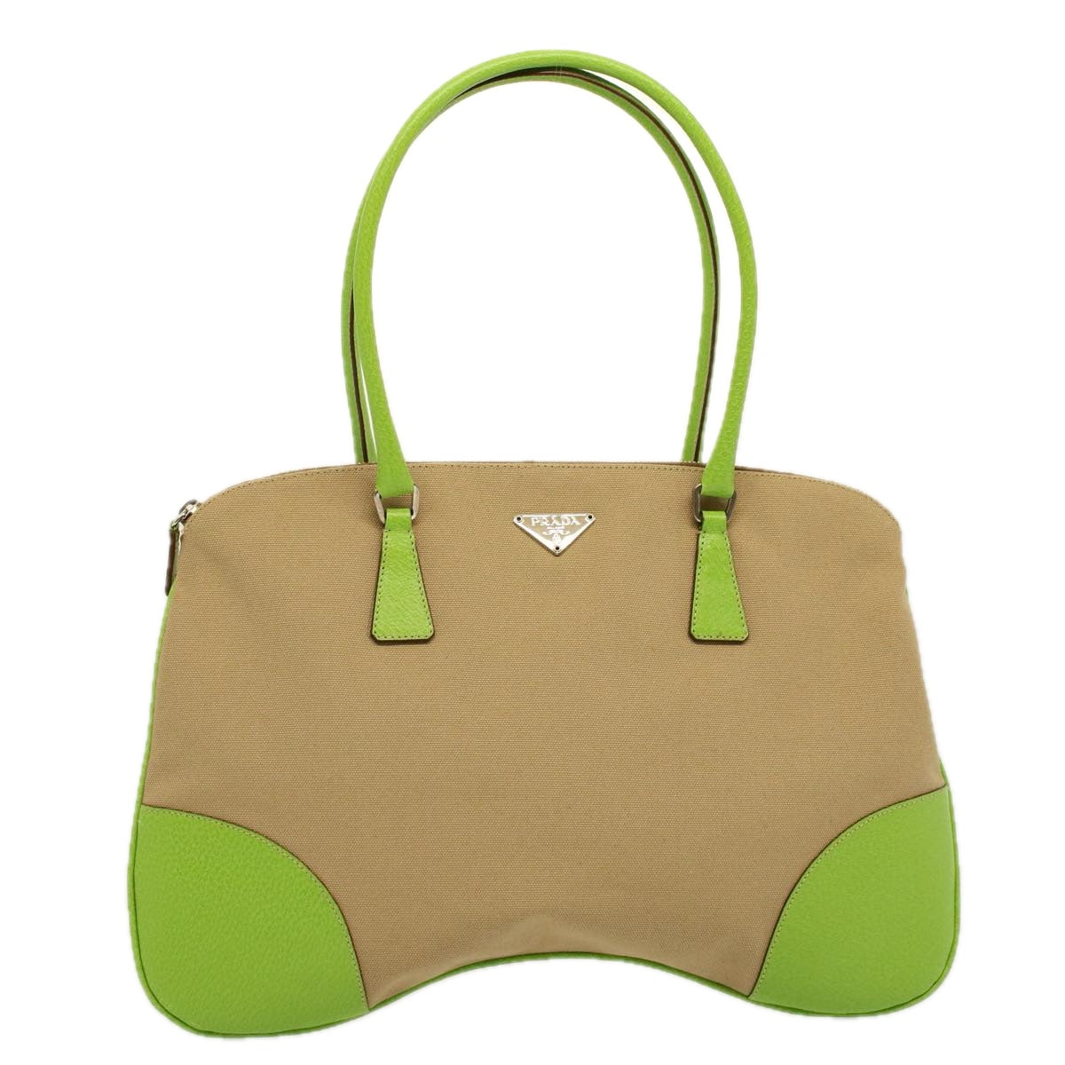 PRADA Tote Bag Canvas Beige Green Auth 58770