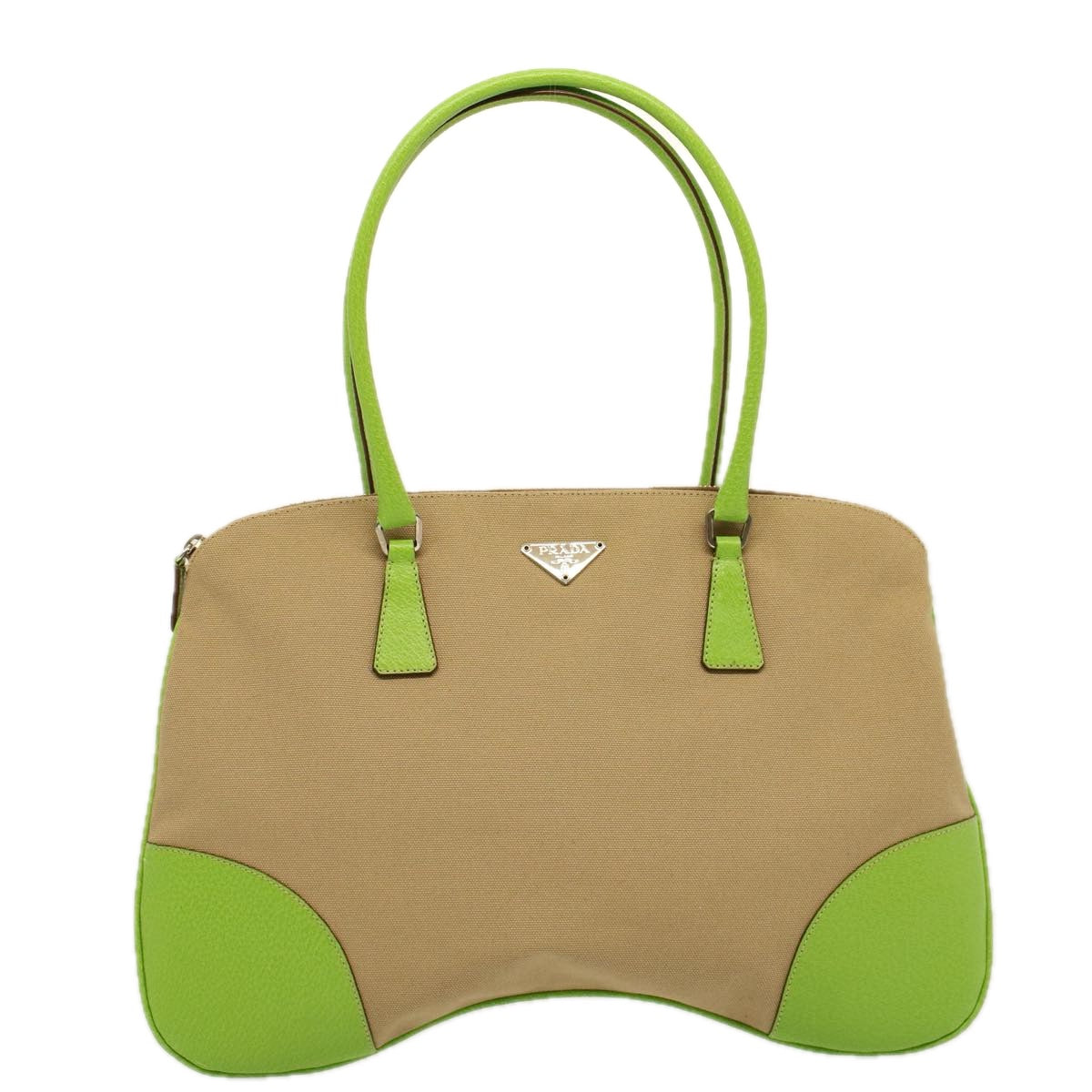 PRADA Tote Bag Canvas Beige Green Auth 58770