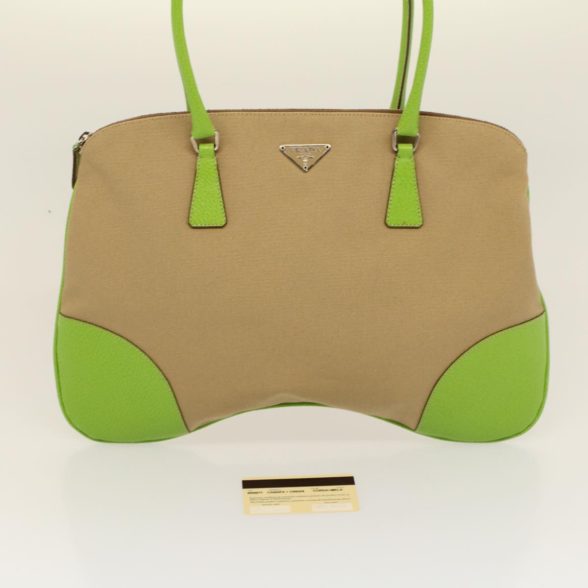 PRADA Tote Bag Canvas Beige Green Auth 58770