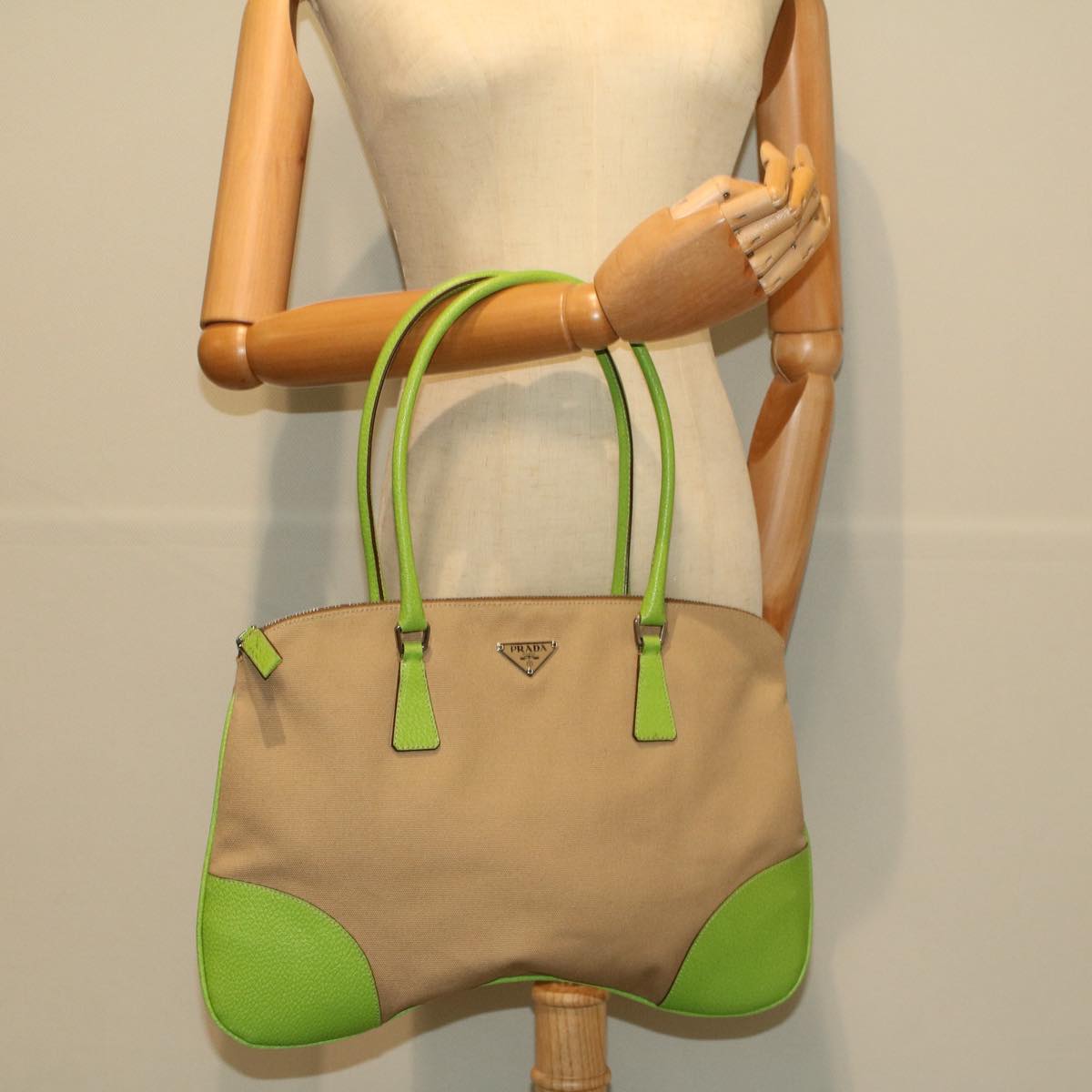 PRADA Tote Bag Canvas Beige Green Auth 58770