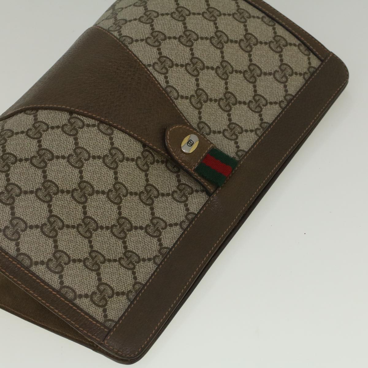 GUCCI GG Canvas Web Sherry Line Clutch Bag PVC Leather Beige Green Auth 59249