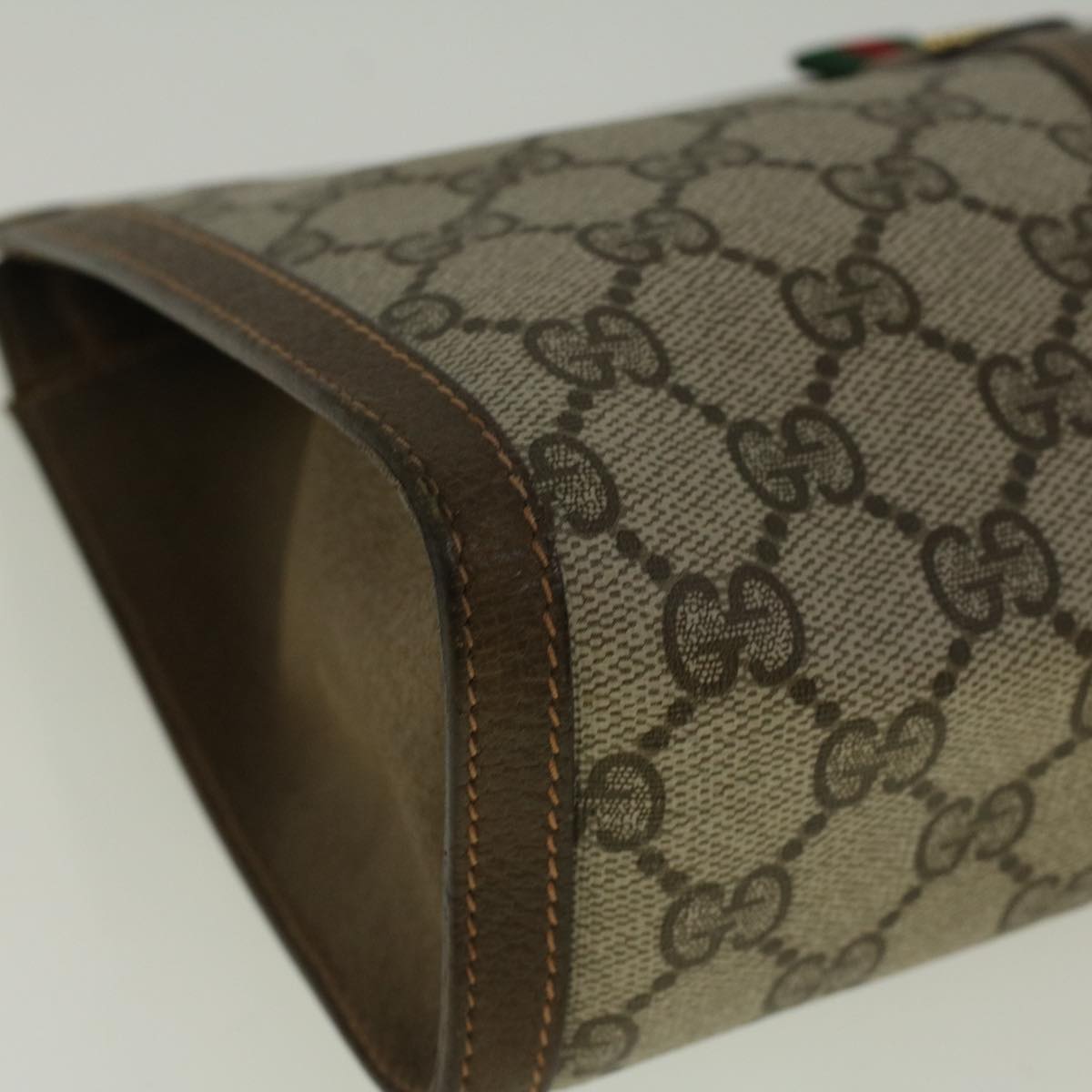 GUCCI GG Canvas Web Sherry Line Clutch Bag PVC Leather Beige Green Auth 59249