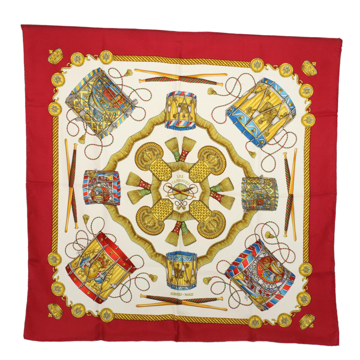 HERMES Carre 90 LES TAMBOURS Scarf Silk Red Auth 59263