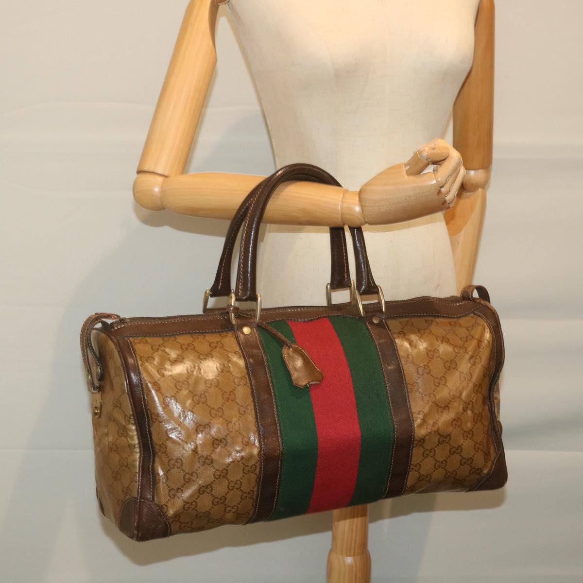 GUCCI GG Crystal Web Sherry Line Boston Bag Brown Red Green Auth 59337