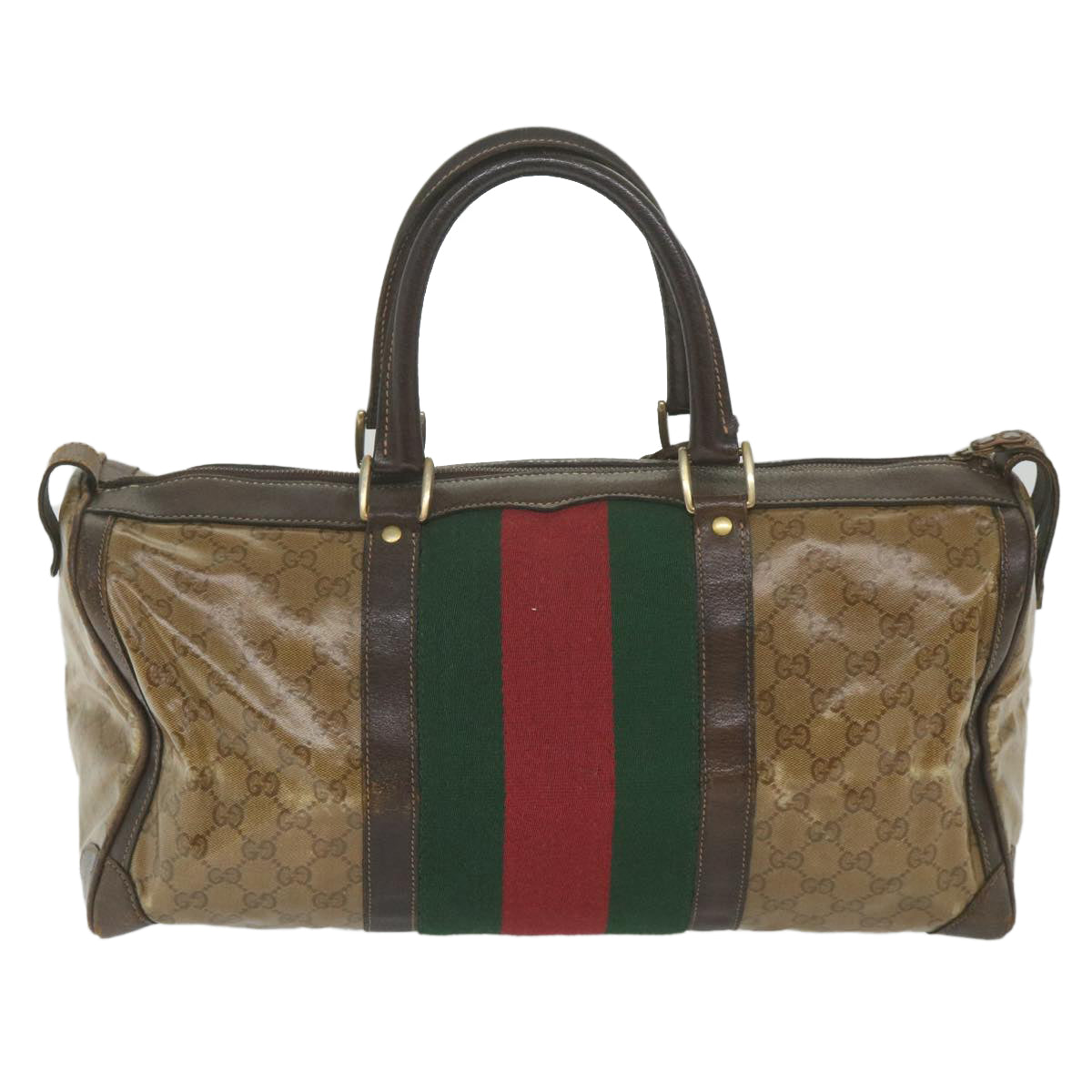 GUCCI GG Crystal Web Sherry Line Boston Bag Brown Red Green Auth 59337