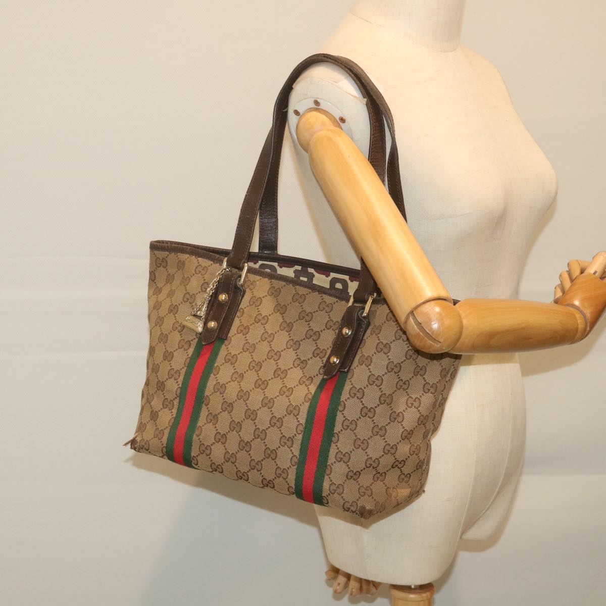 GUCCI GG Canvas Web Sherry Line Tote Bag Beige Red Green 137396 Auth 59566