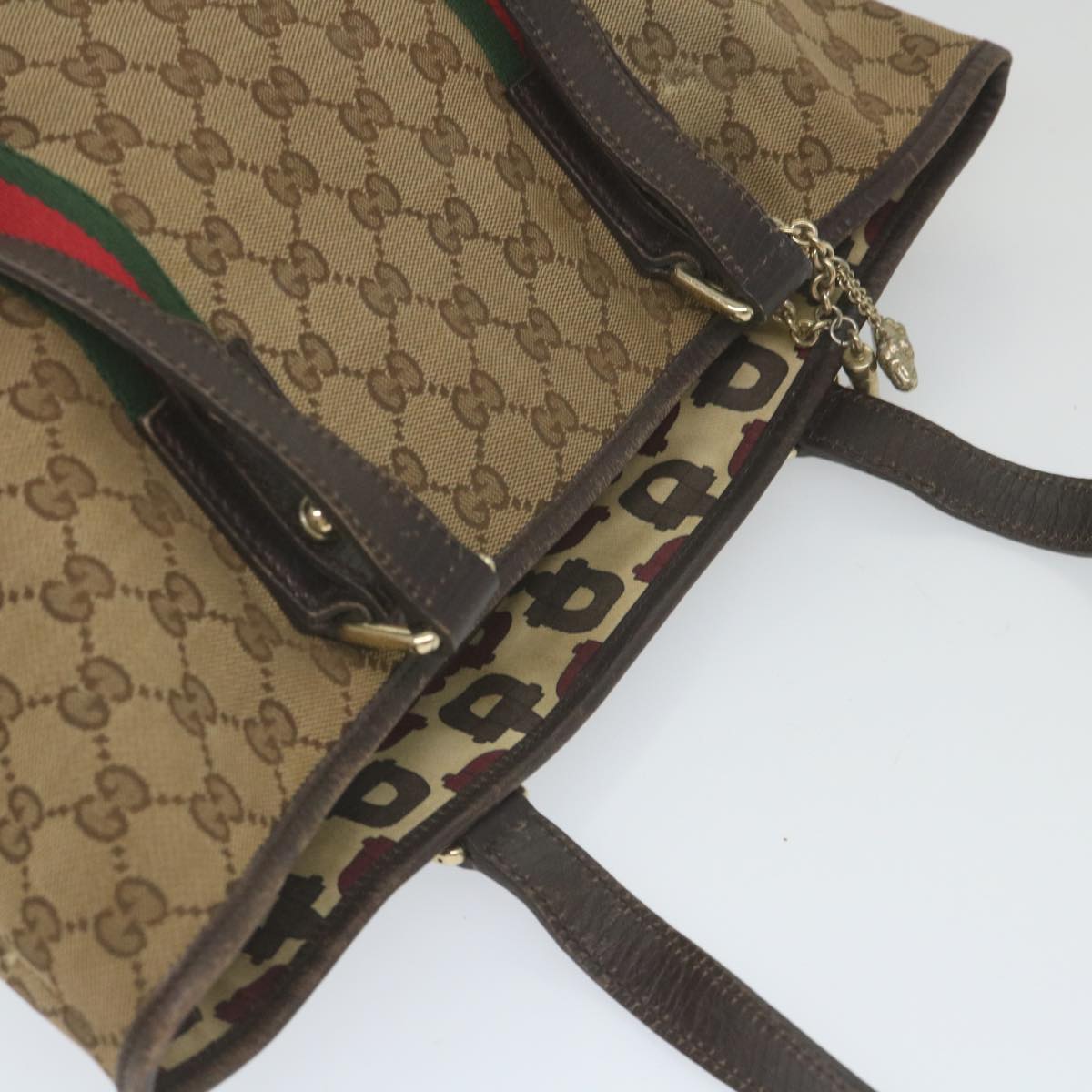 GUCCI GG Canvas Web Sherry Line Tote Bag Beige Red Green 137396 Auth 59566