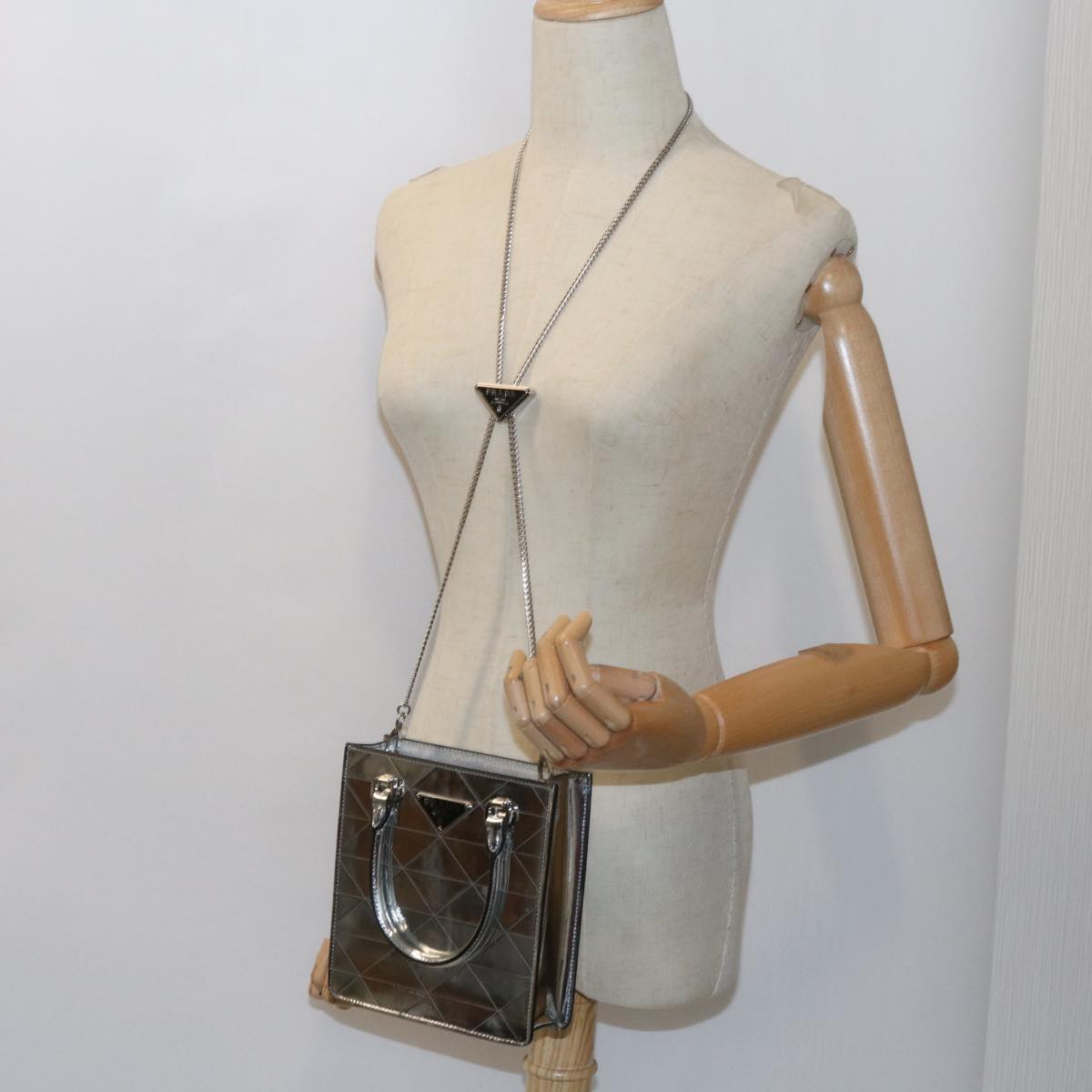 PRADA Hand Bag Metallic leather Silver Auth 59813SV
