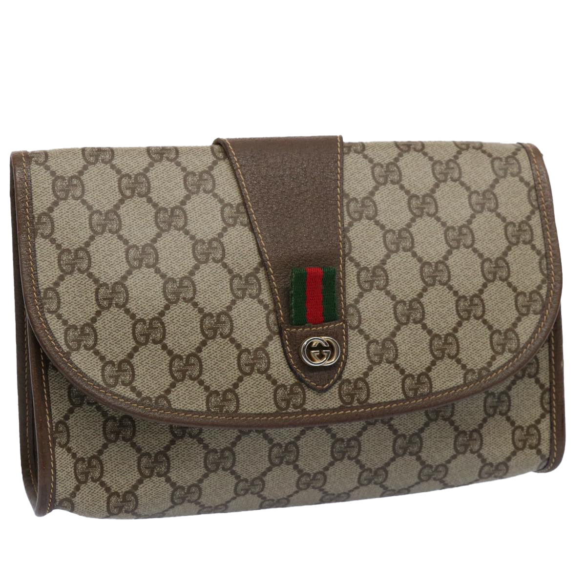 GUCCI GG Canvas Web Sherry Line Clutch Bag PVC Beige Green Red Auth 59919