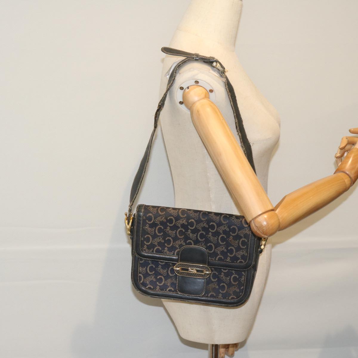 CELINE C Macadam Canvas Shoulder Bag Navy Auth 59941