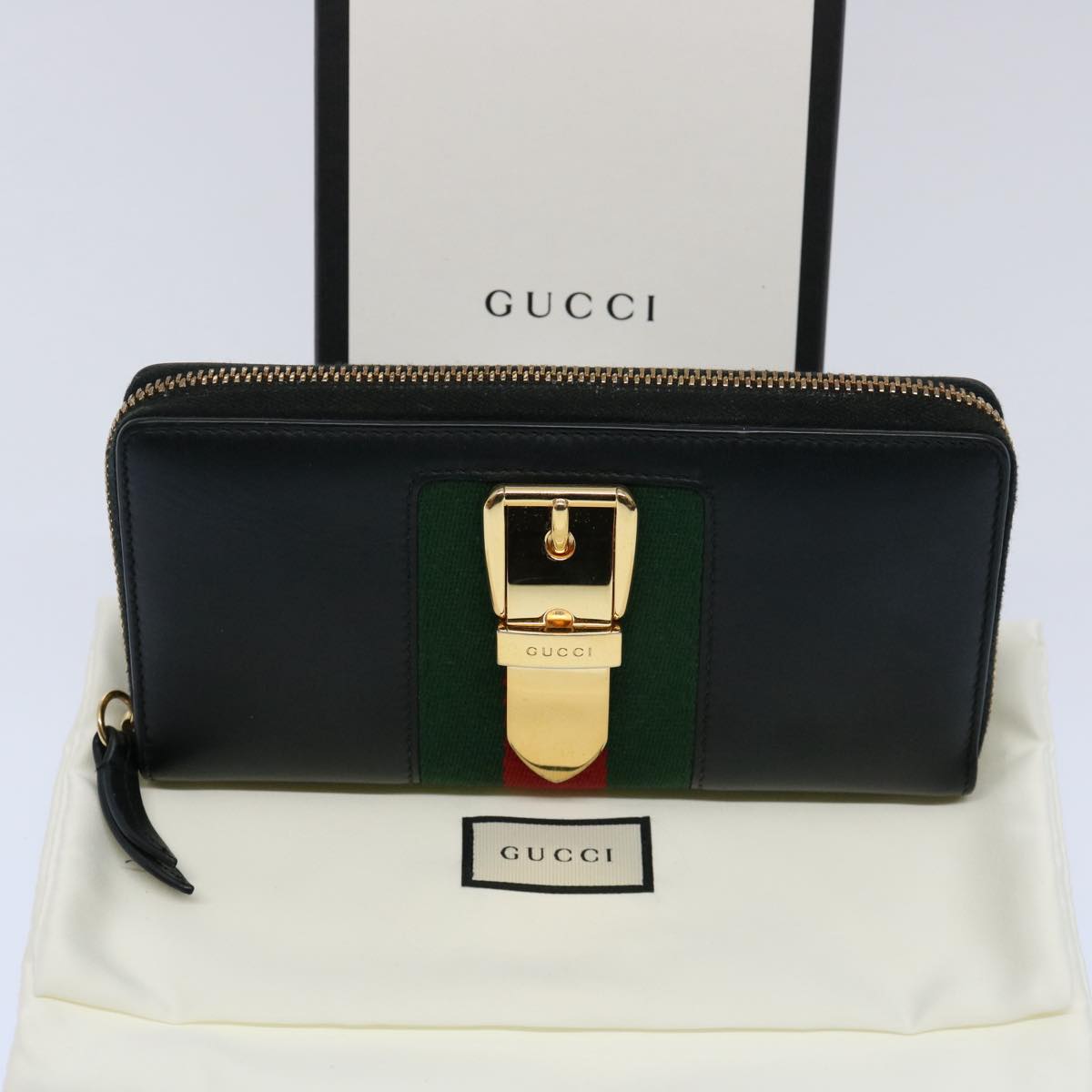 GUCCI Silvi Web Sherry Line Long Wallet Leather Black Red 476083 Auth 60085A