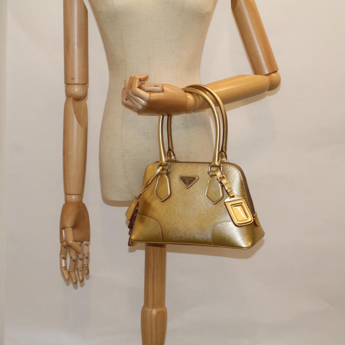 PRADA Hand Bag Safiano leather Gold Auth 60231V