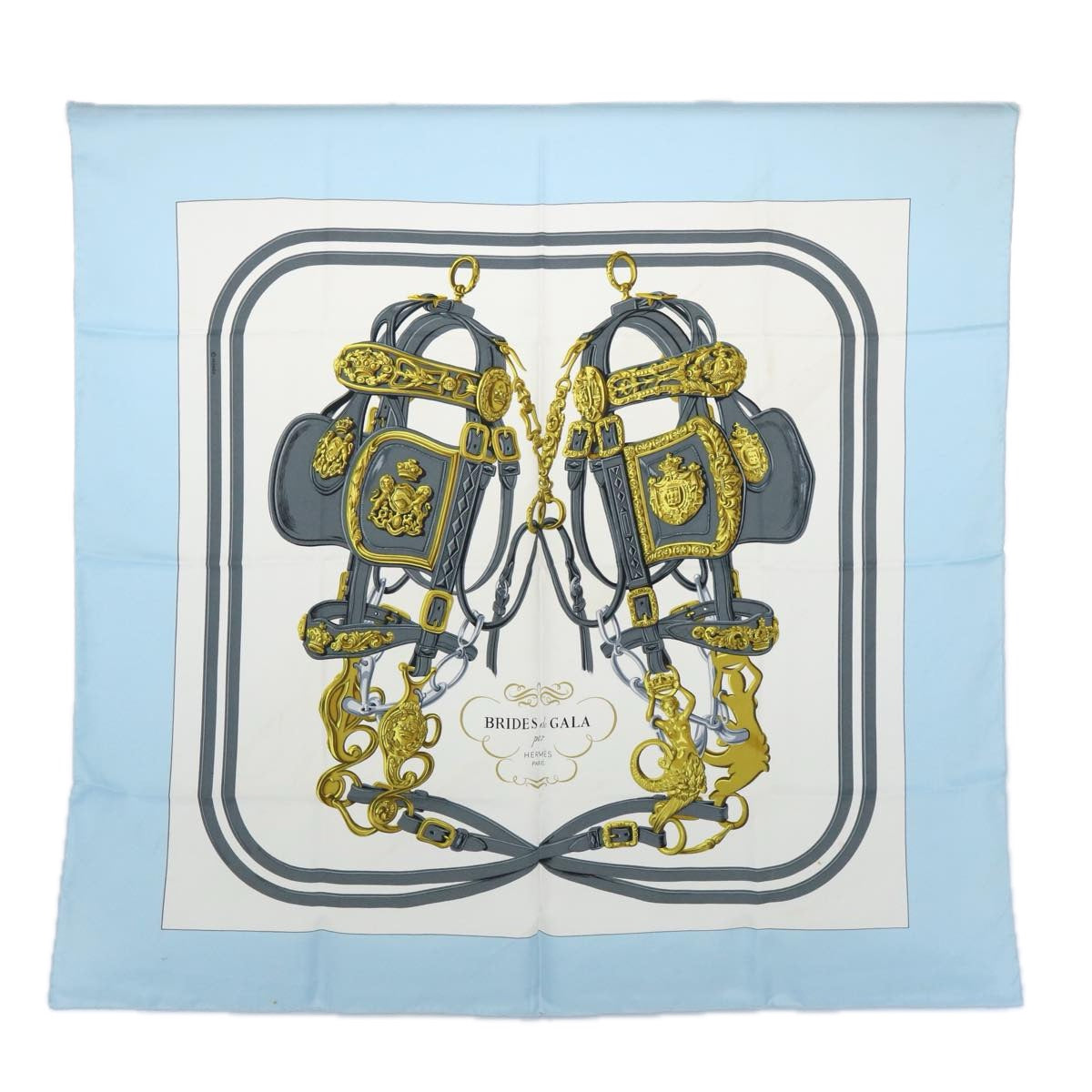 HERMES Carre 90 BRIDES DE GALA Scarf Silk Light Blue Auth 60363