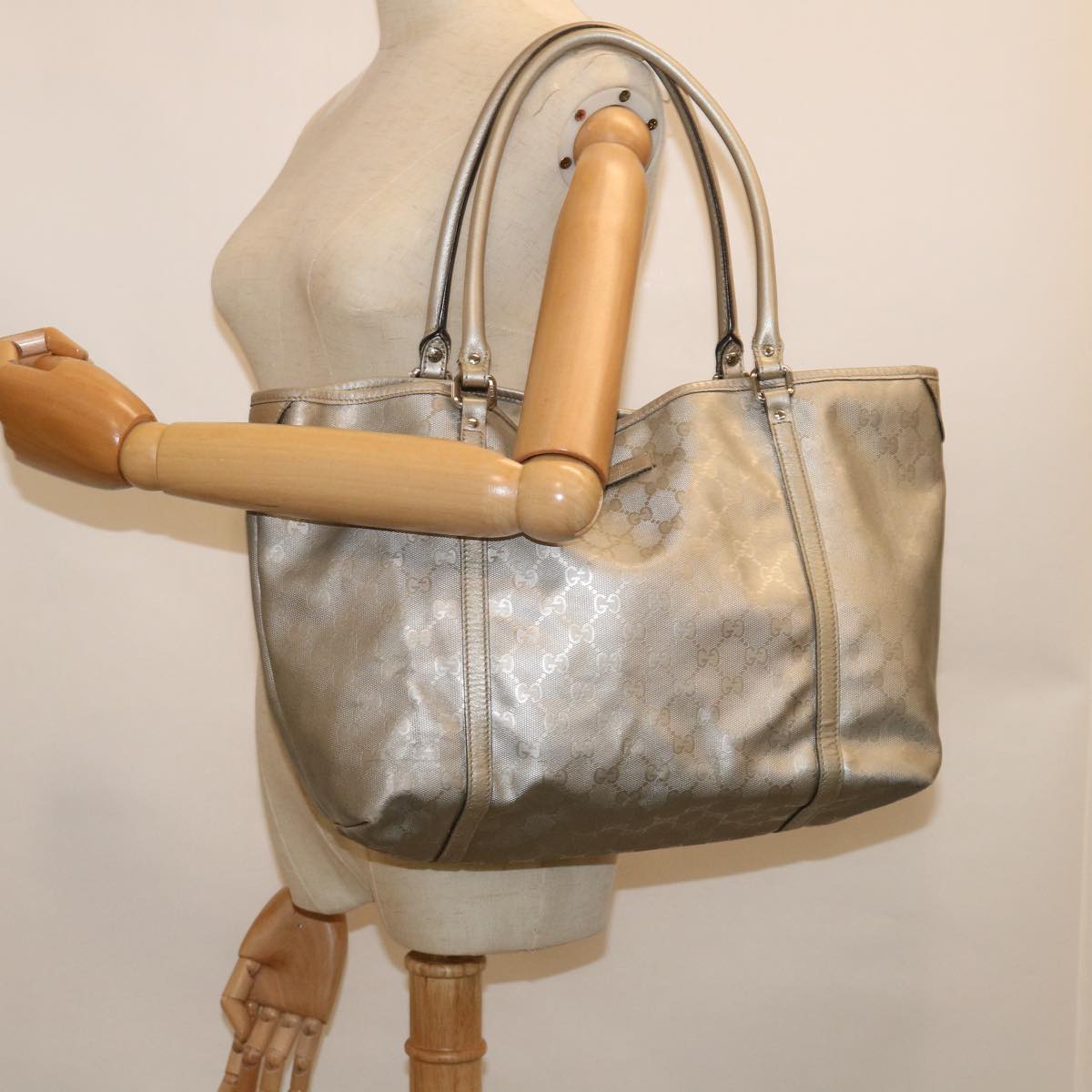 GUCCI GG Implement Canvas Tote Bag Silver 197953 Auth 60394