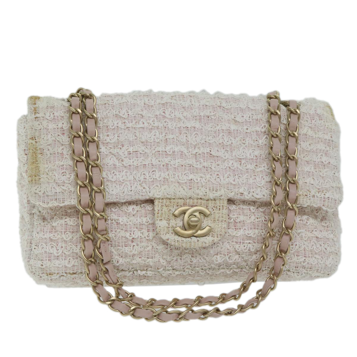 CHANEL Matelasse Chain Shoulder Bag Tweed Pink CC Auth 60753A