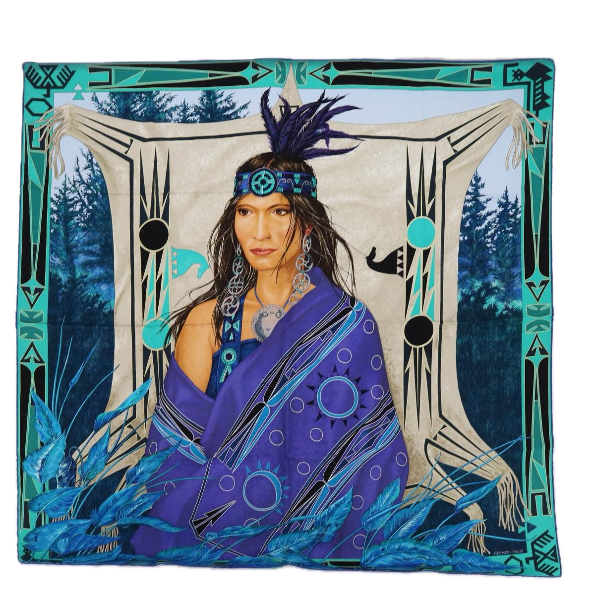 HERMES Carre 90 WAKO NI Scarf Silk Purple Turquoise Blue Auth 60779