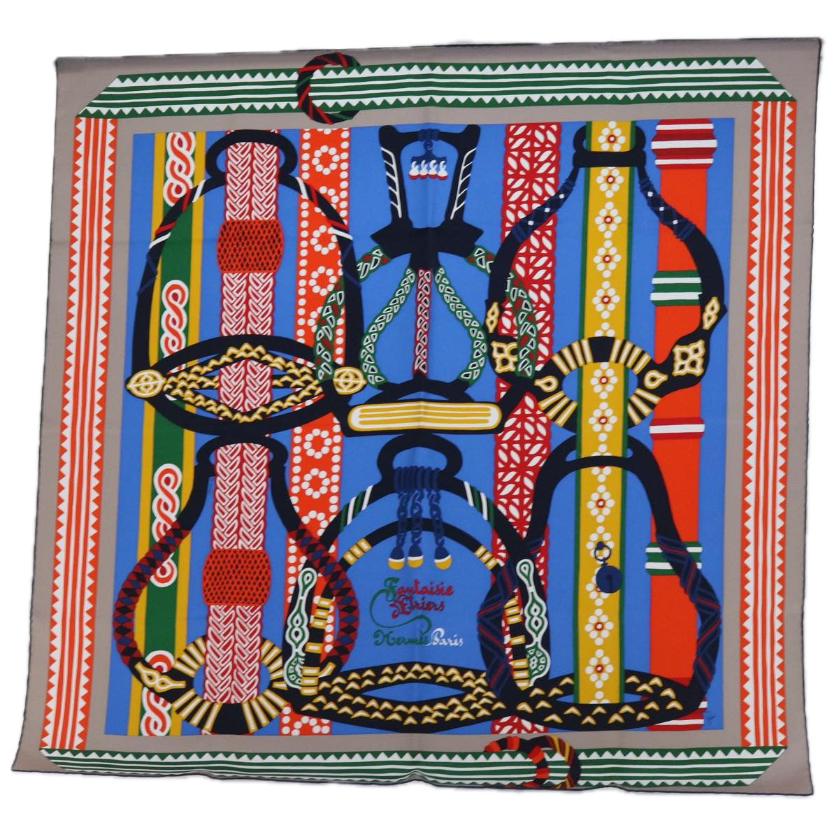 HERMES Carre 90 Fantaisie d’Etriers Scarf Silk Blue Multicolor Auth 60781