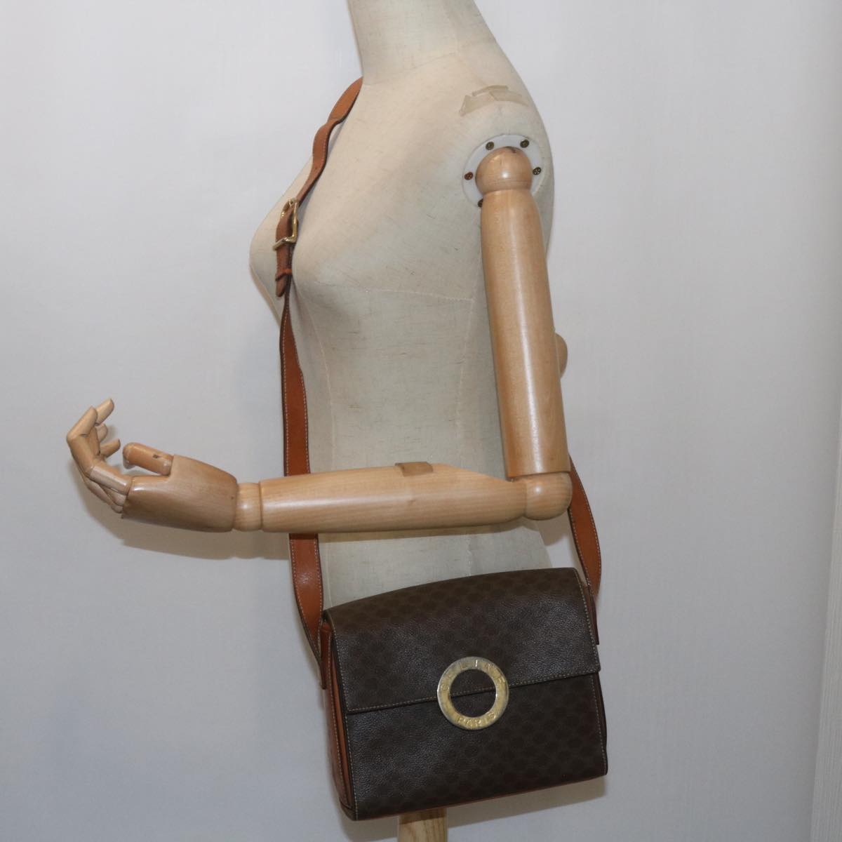 CELINE Macadam Canvas Shoulder Bag PVC Leather Brown Auth 60985