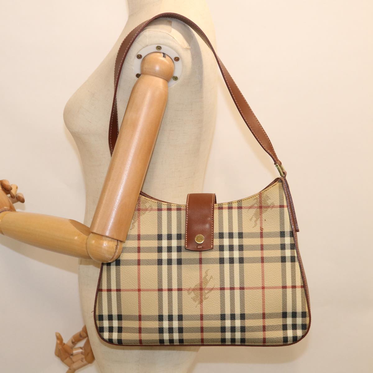 BURBERRY Nova Check Shoulder Bag PVC Leather Beige Auth 61009