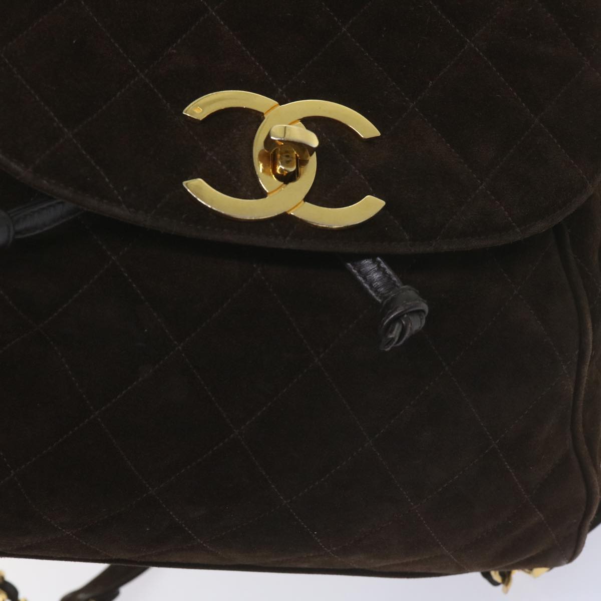 CHANEL Matelasse Turn Lock Chain Backpack Suede Brown CC Auth 61074