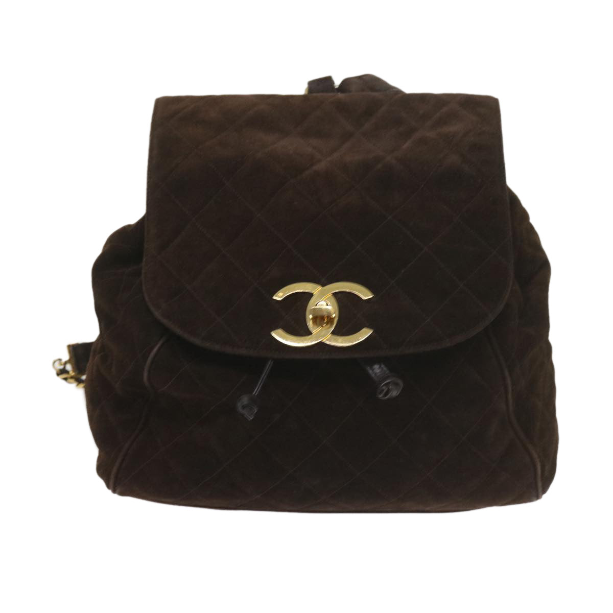 CHANEL Matelasse Turn Lock Chain Backpack Suede Brown CC Auth 61074