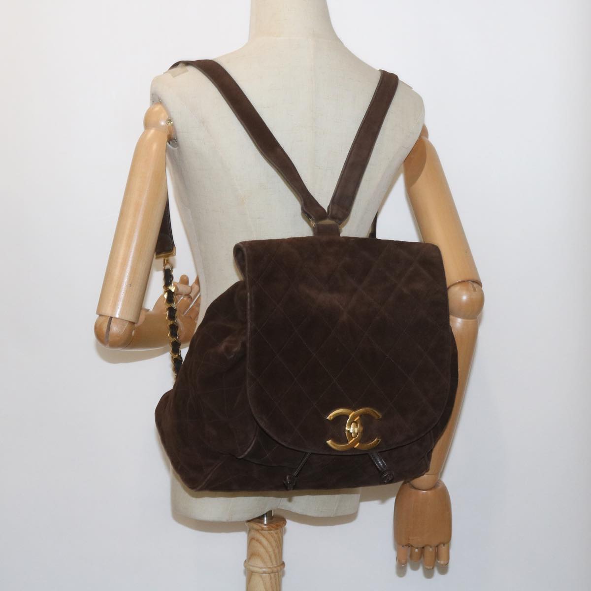 CHANEL Matelasse Turn Lock Chain Backpack Suede Brown CC Auth 61074