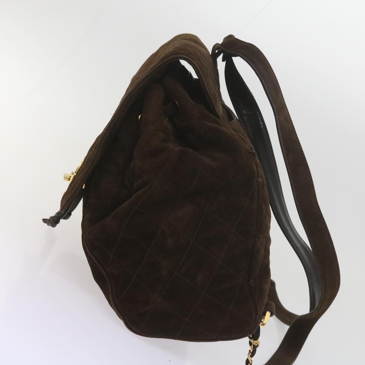 CHANEL Matelasse Turn Lock Chain Backpack Suede Brown CC Auth 61074