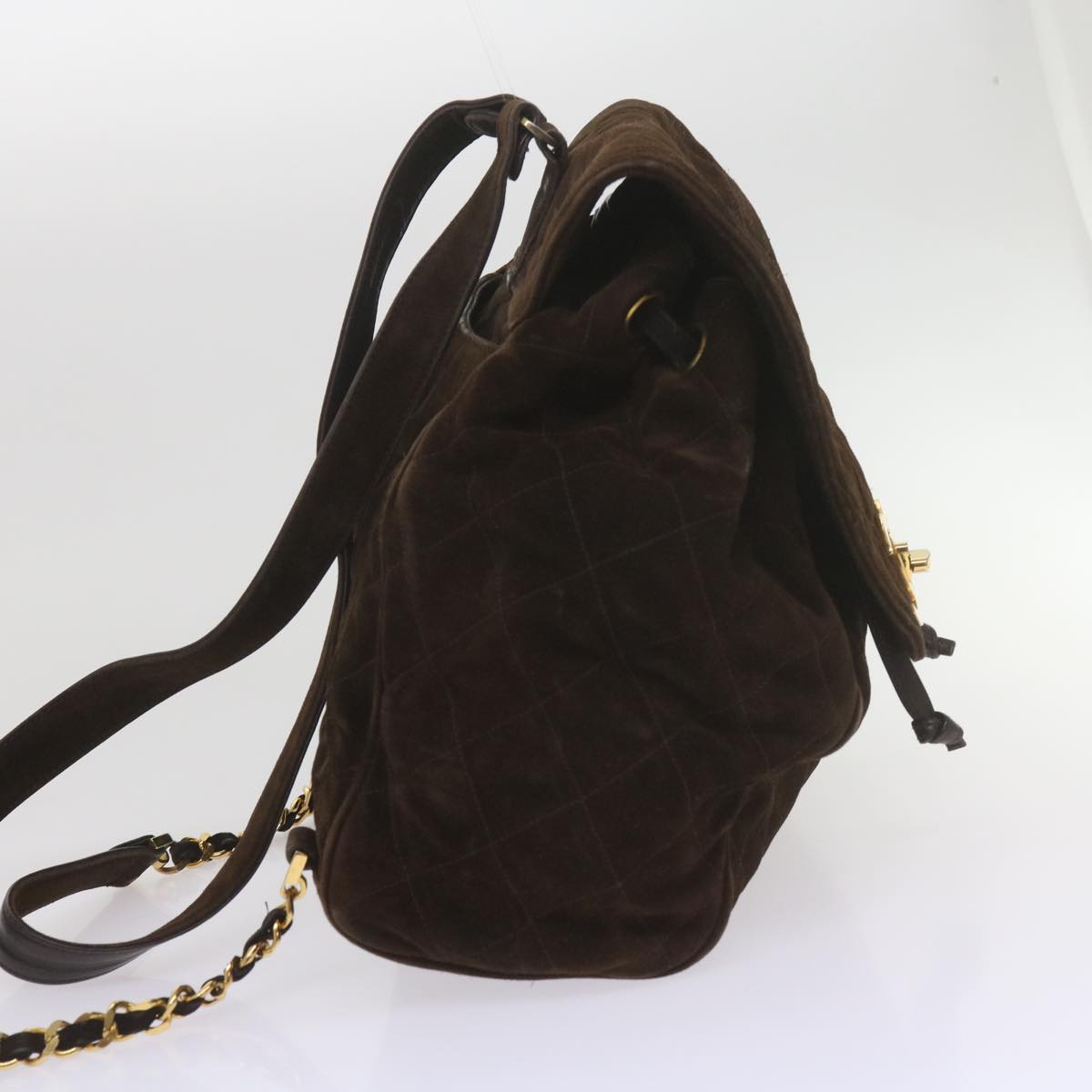 CHANEL Matelasse Turn Lock Chain Backpack Suede Brown CC Auth 61074