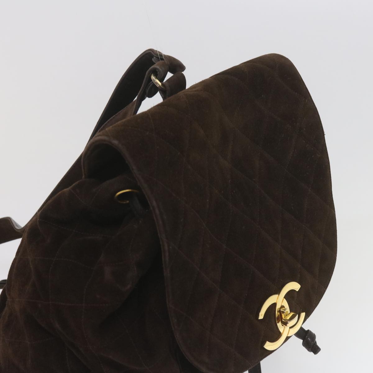 CHANEL Matelasse Turn Lock Chain Backpack Suede Brown CC Auth 61074