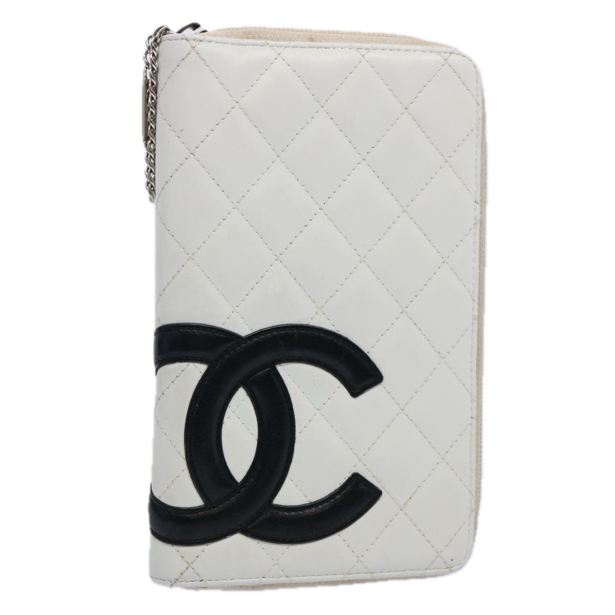 CHANEL Cambon Line Wallet Leather White Black CC Auth 61095