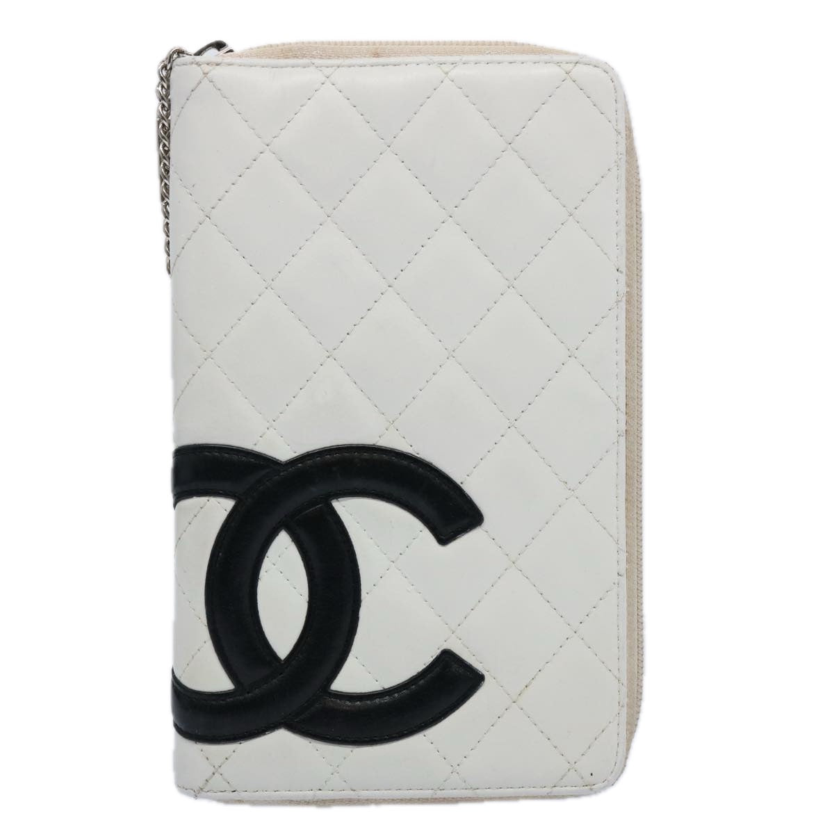 CHANEL Cambon Line Wallet Leather White Black CC Auth 61095