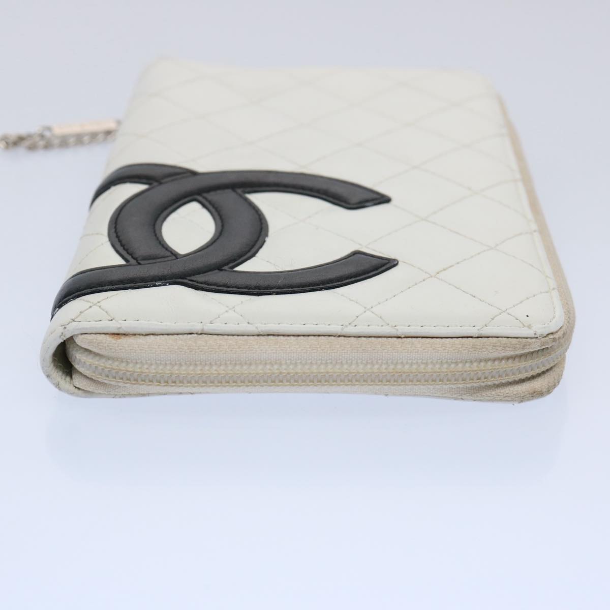 CHANEL Cambon Line Wallet Leather White Black CC Auth 61095