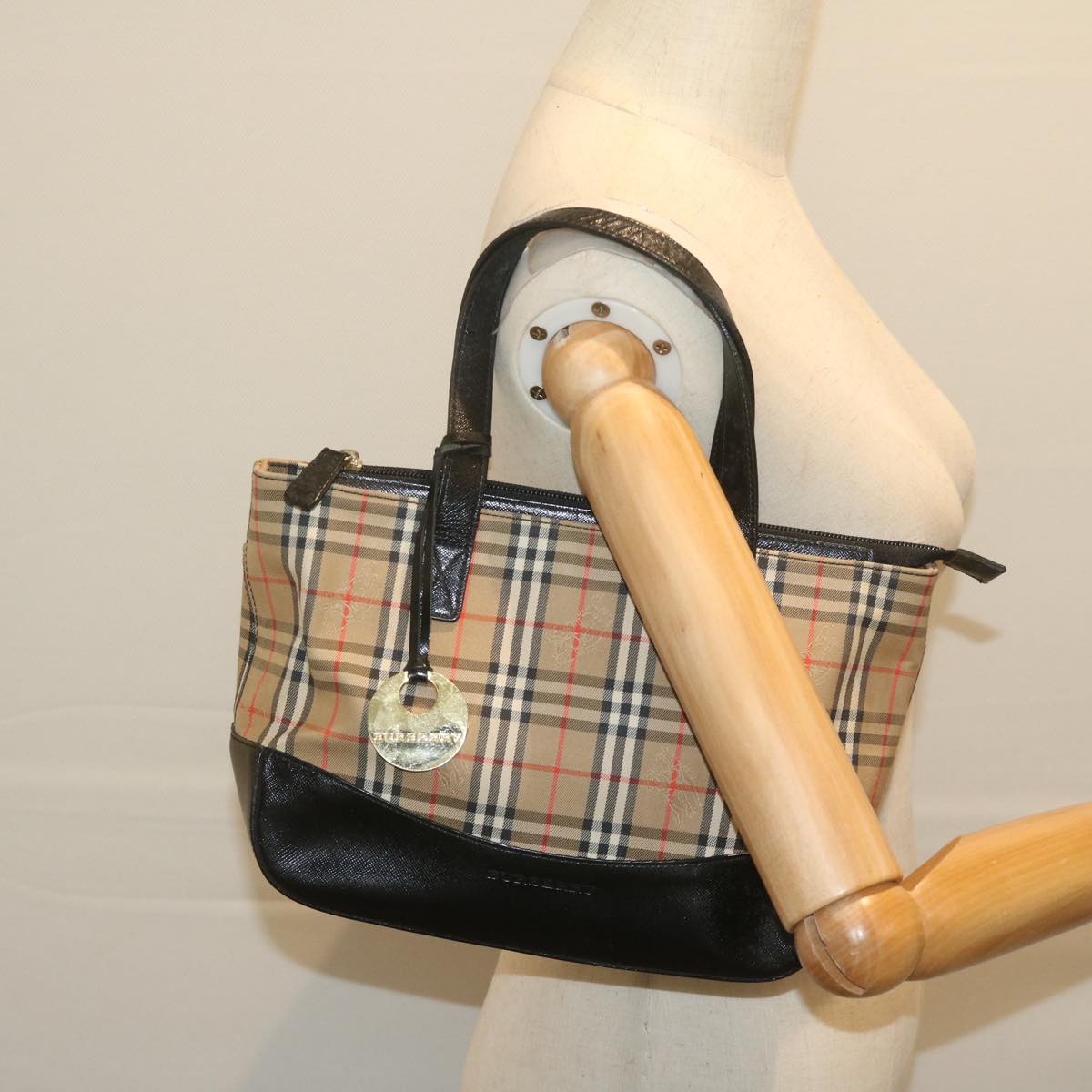 BURBERRY Nova Check Hand Bag Canvas Beige Black Auth 61096